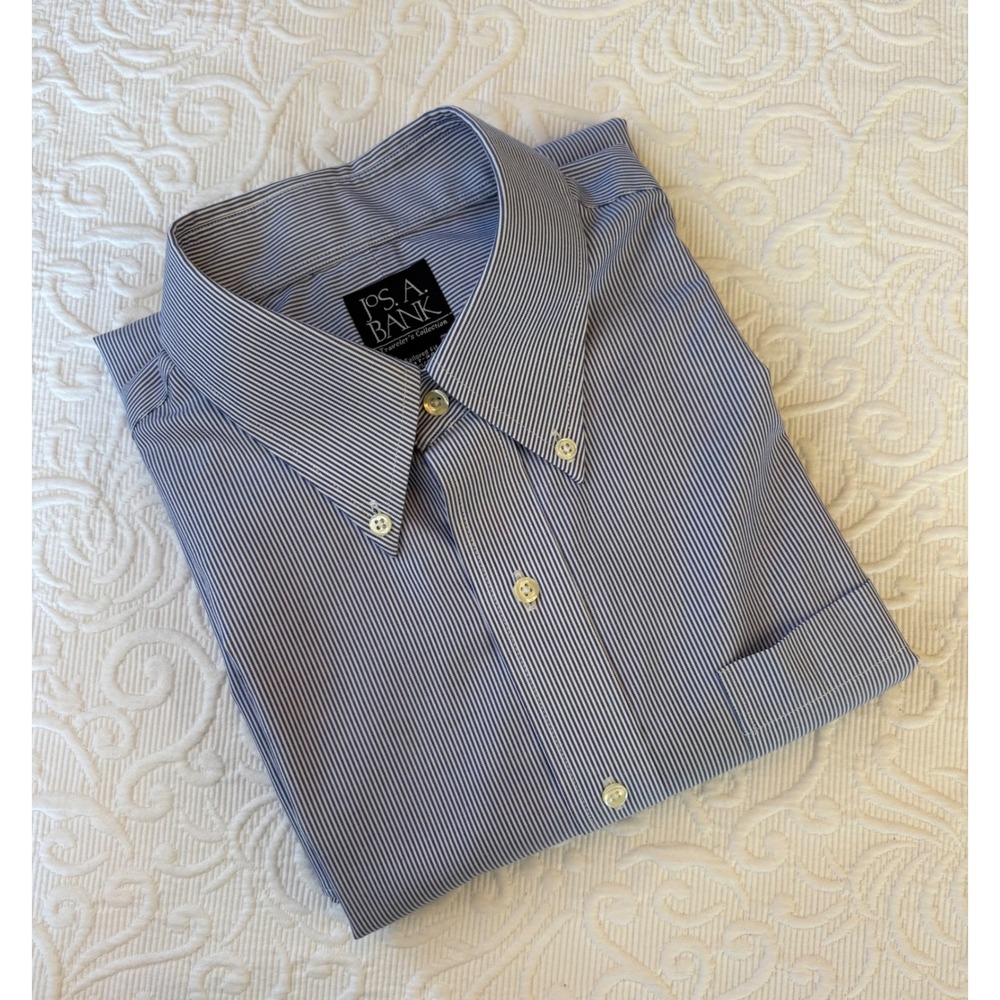 Jos A Bank Travelers Collection Mens 17-34 Tailored Fit Blue‎ Pinstripe Shirt